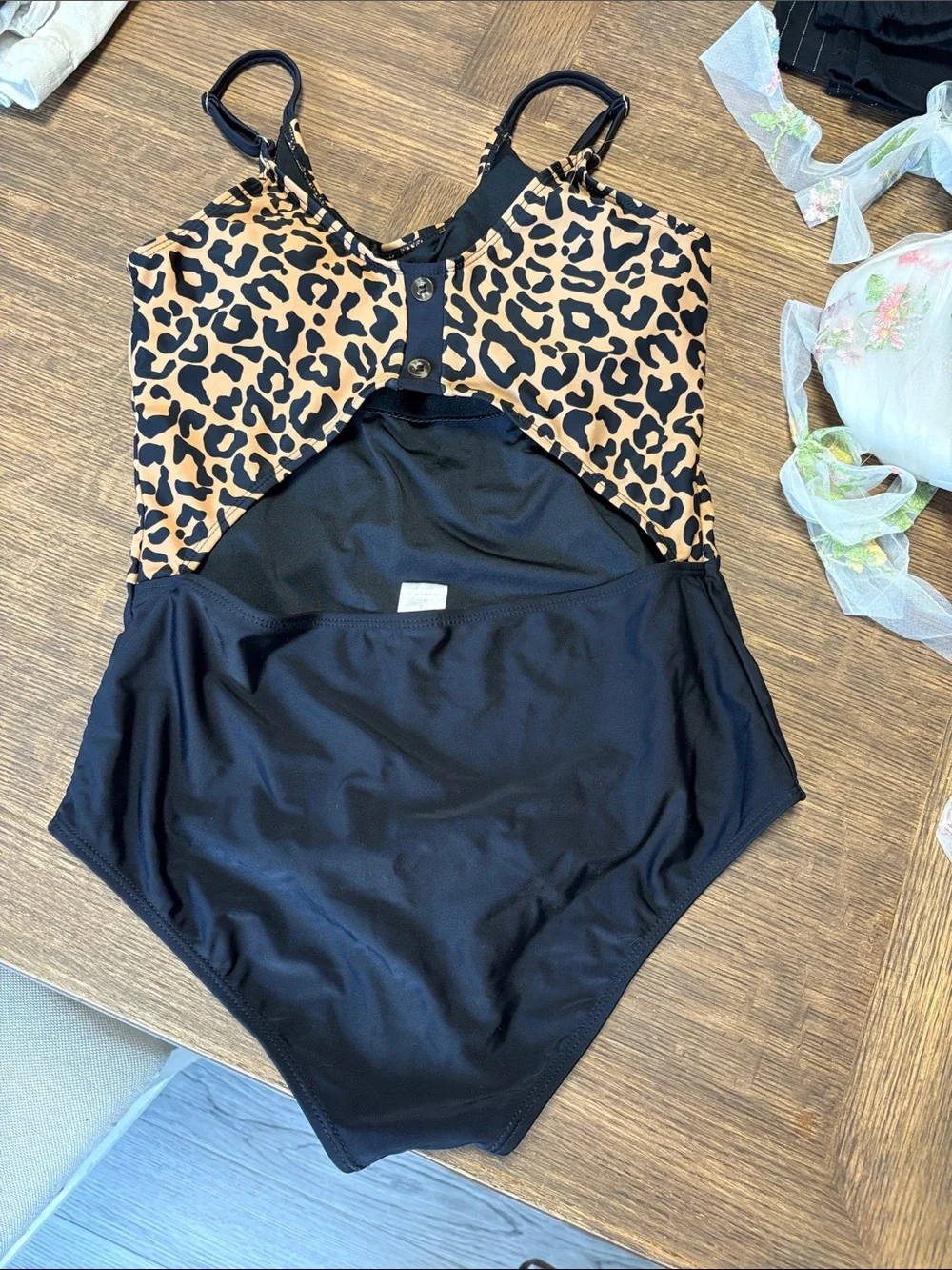 Leopard Print and Black One-Piece Swimsuit